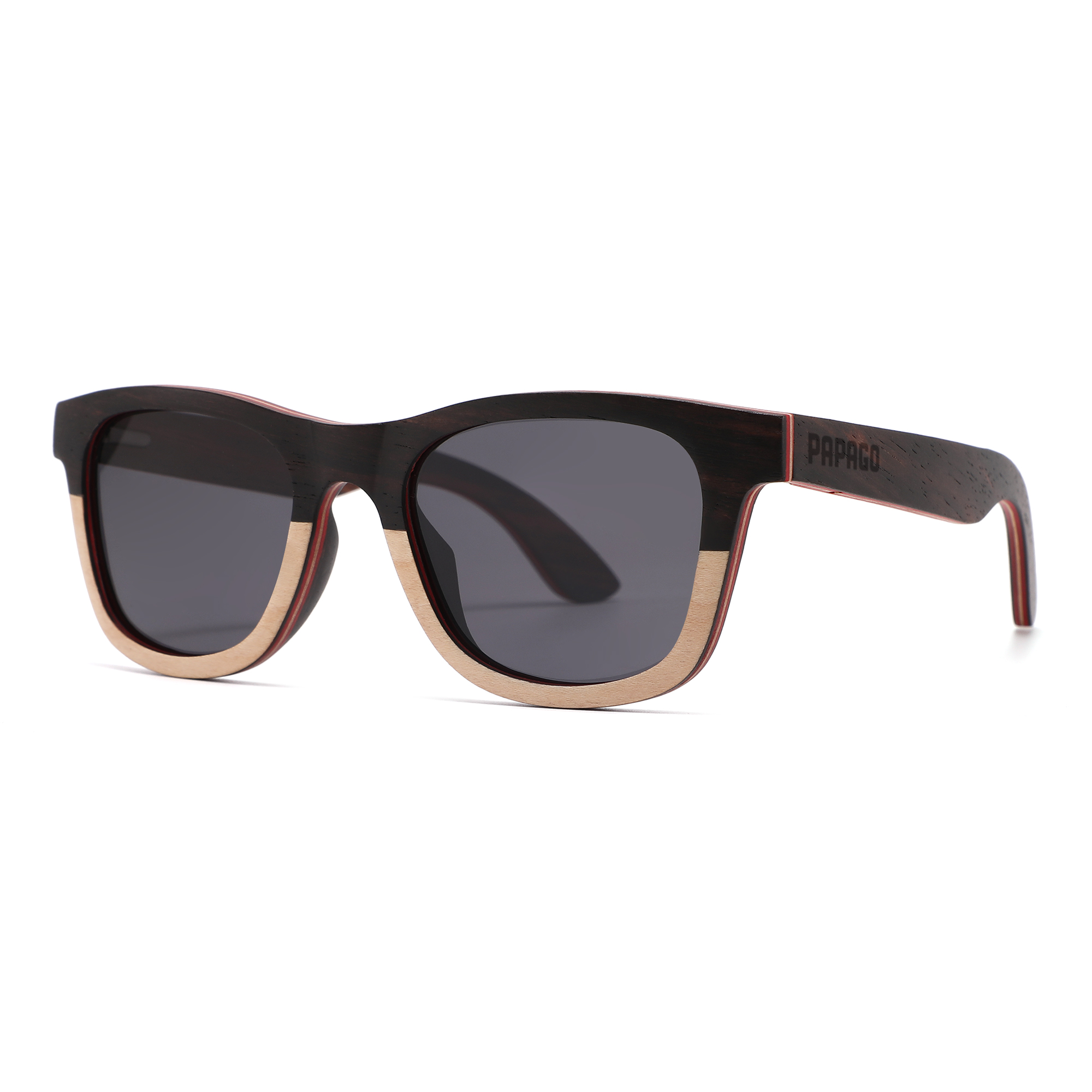 Handmade recycled wooden sunglasses by Papago, featuring half dune-inspired design and natural finish.