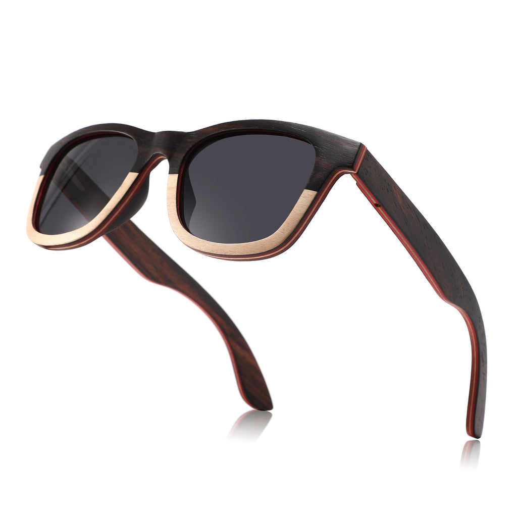 Papago Half Dunes handmade wooden sunglasses with recycled wood frames and dark tinted lenses.