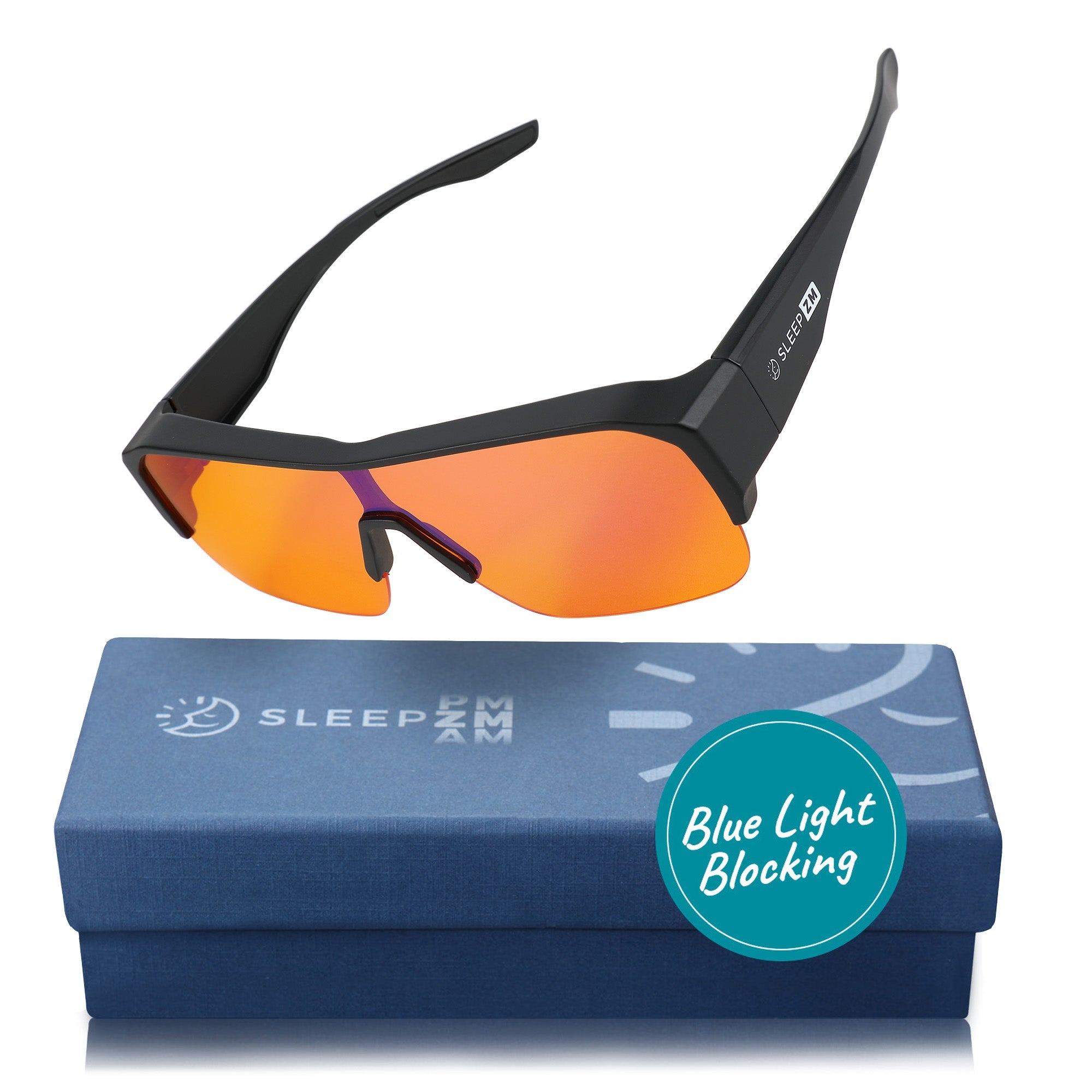 Night-time XXL fit blue light blocking glasses in black by Sleep ZM, designed to reduce eye strain during evening screen use.