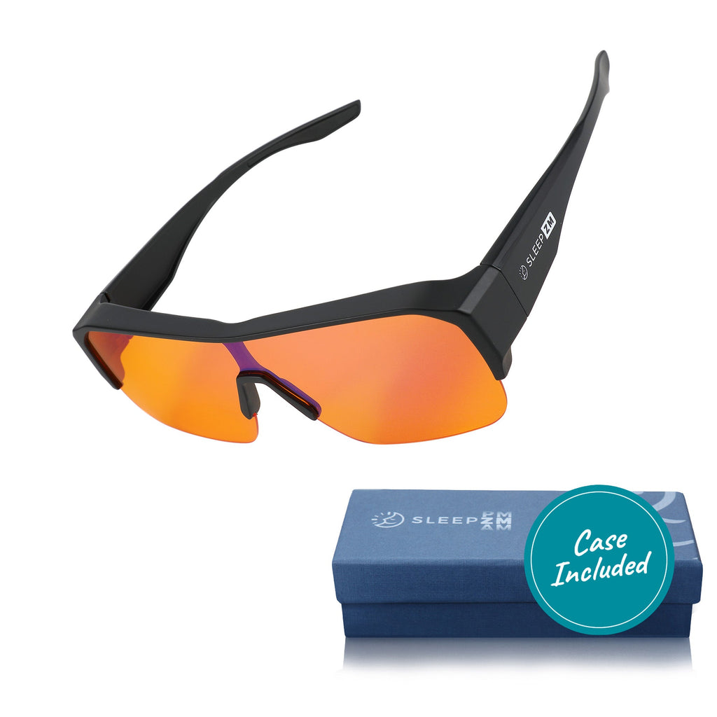 Night-time XXL fit blue light blocking glasses in black by Sleep ZM, designed to reduce eye strain during evening screen use.