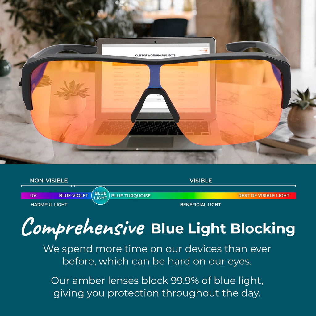 Black XXL fit over blue light blocking glasses from Blue Light Glasses by Sleep ZM, designed to reduce blue light exposure at night.