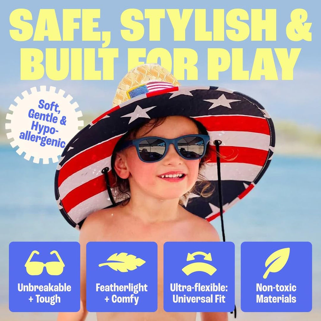 Unbreakable polarized toddler sunglasses in bright colors, featuring durable frames and UV protection for young children.