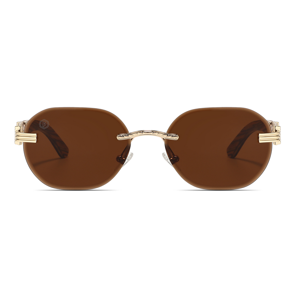 Handmade Amber Agassiz wooden sunglasses by Papago featuring amber-colored frames and natural wooden design.