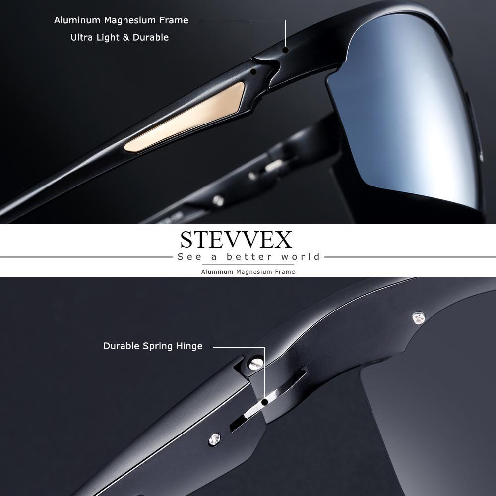 Stevvex unisex sports sunglasses with aluminum frame, polarized lenses, and UV400 protection, suitable for outdoor activities.