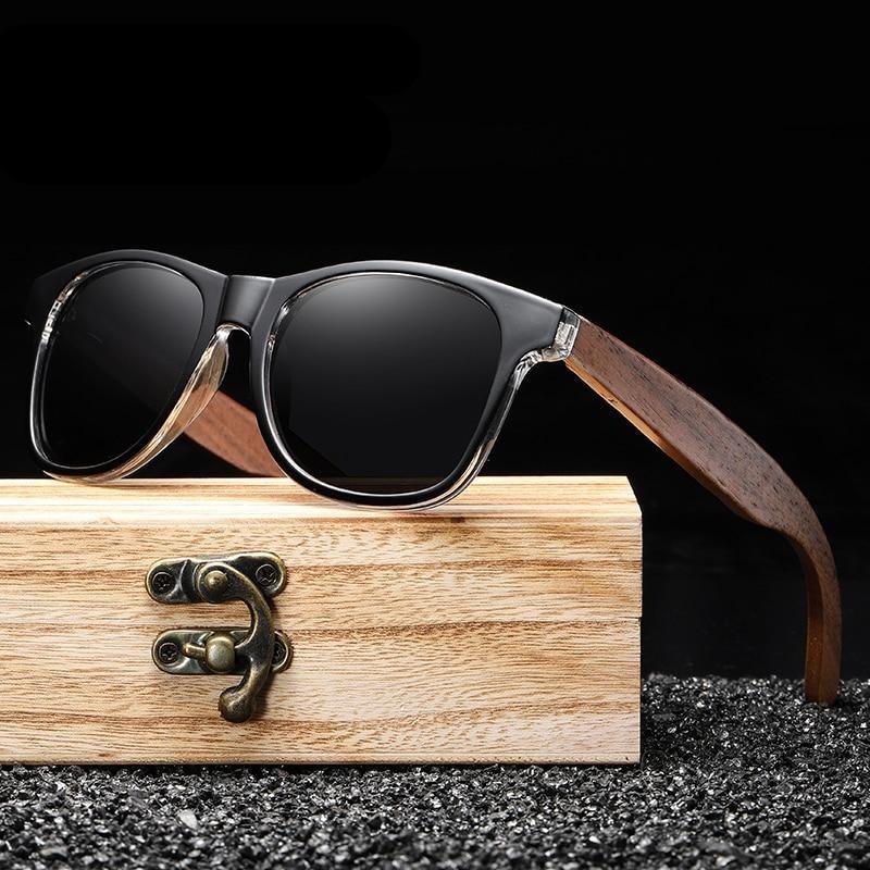 Black Stevvex polarized mirror sunglasses with wood frame and temples, lightweight design, UV protection, vintage style for men