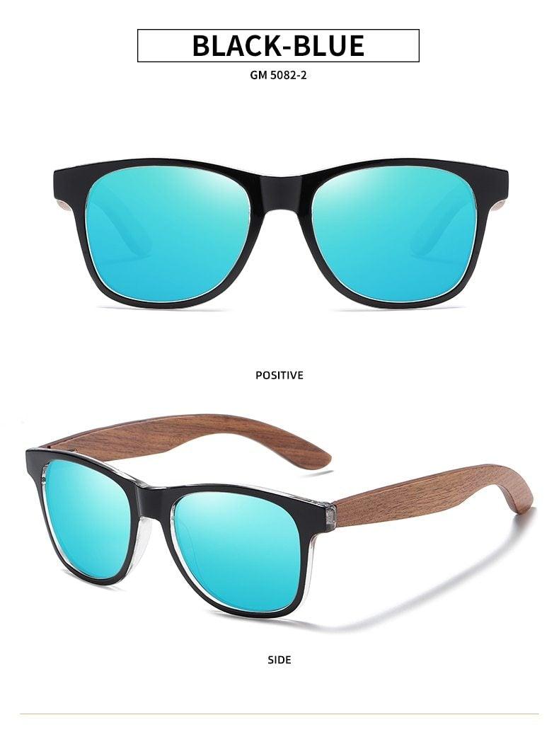 Black Stevvex polarized mirror sunglasses with wood frames, lightweight design, UV protection, and vintage style for men.