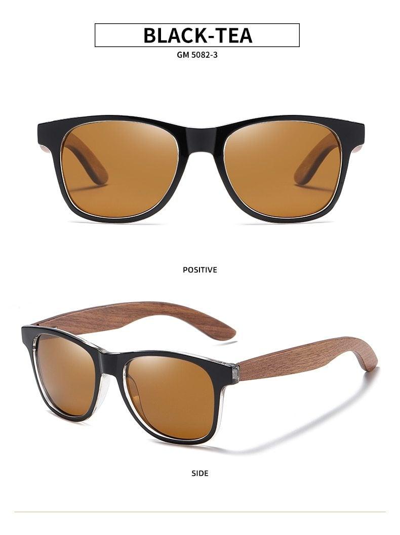 Black wood frame polarized sunglasses for men with mirror lenses, lightweight design, vintage style, UV protection, by Stevvex.