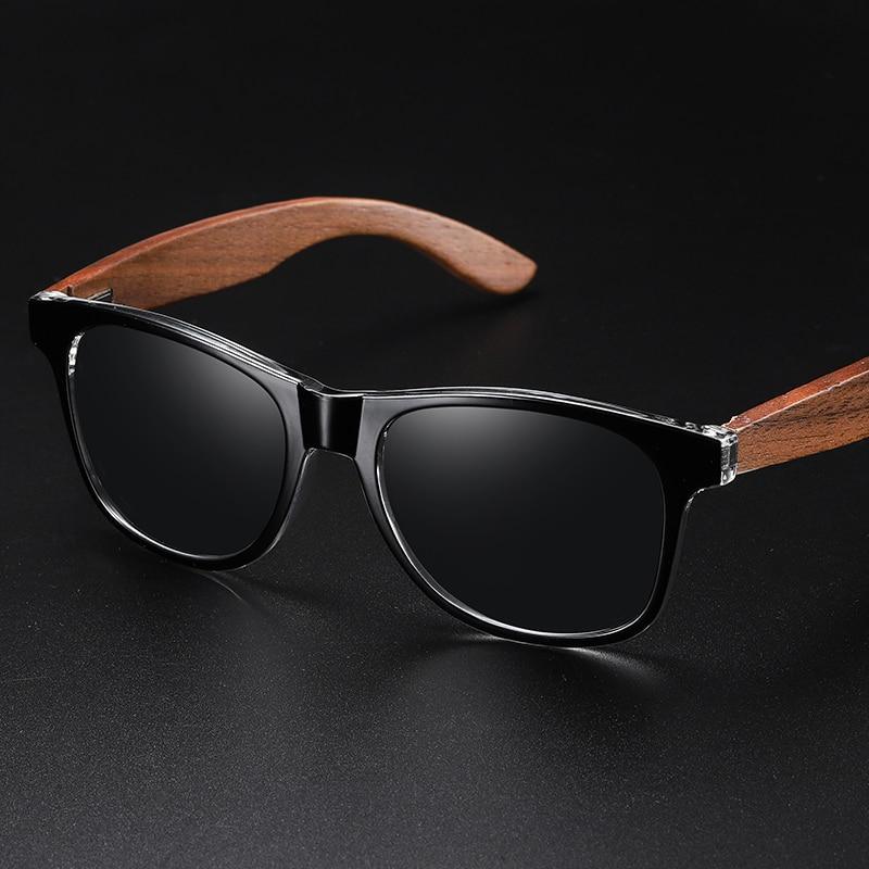 Black Stevvex polarized mirror sunglasses with wood frames, lightweight design, UV protection, and vintage style for men.