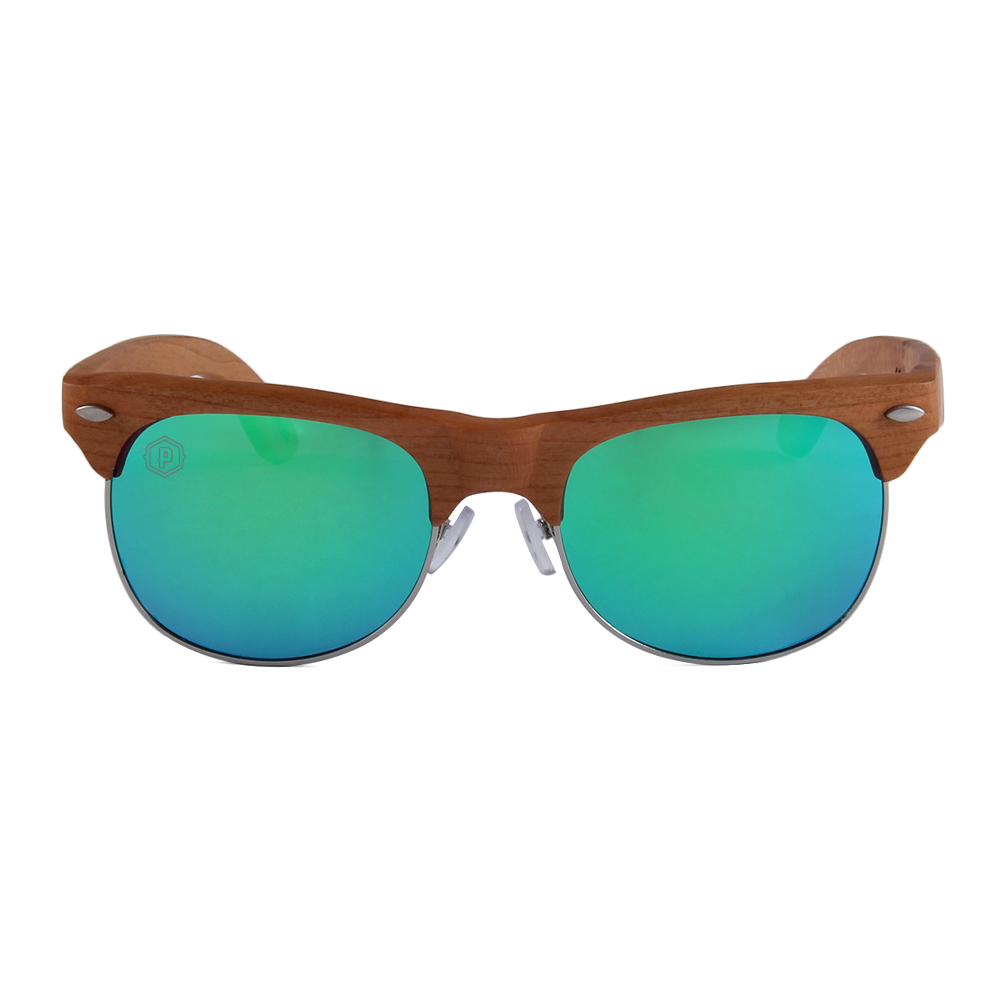 Papago Turquoise Canyons sunglasses with handmade recycled wooden frames, front view showcasing their unique design.