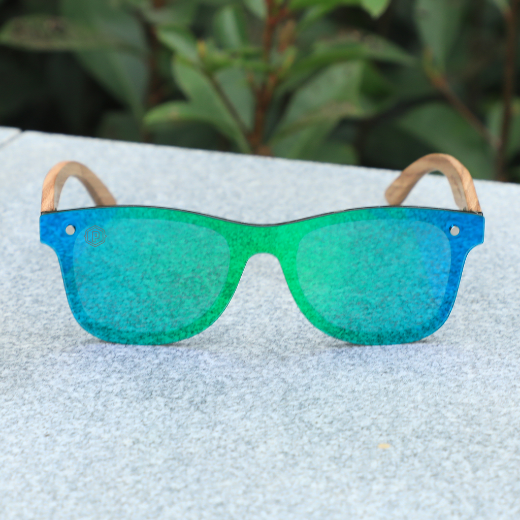 Papago Cerulean Ventures wooden sunglasses with counter leaves design, handmade and recycled wood material, stylish and eco-friendly.