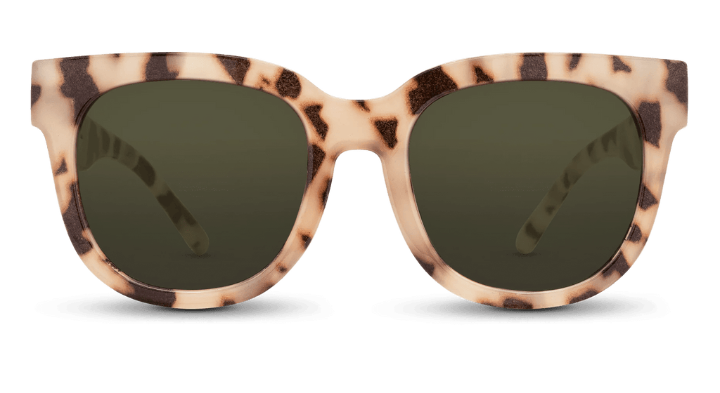 Sunglasses with tortoiseshell frame and dark lenses on a transparent background