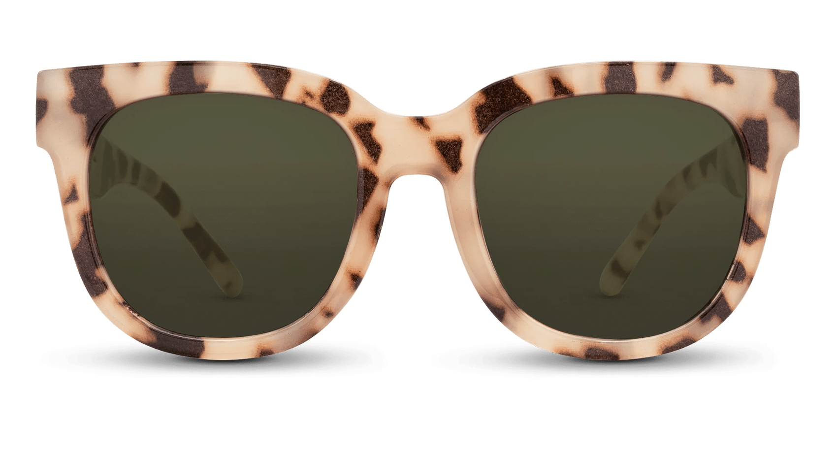Sunglasses with tortoiseshell frame and dark lenses on a transparent background