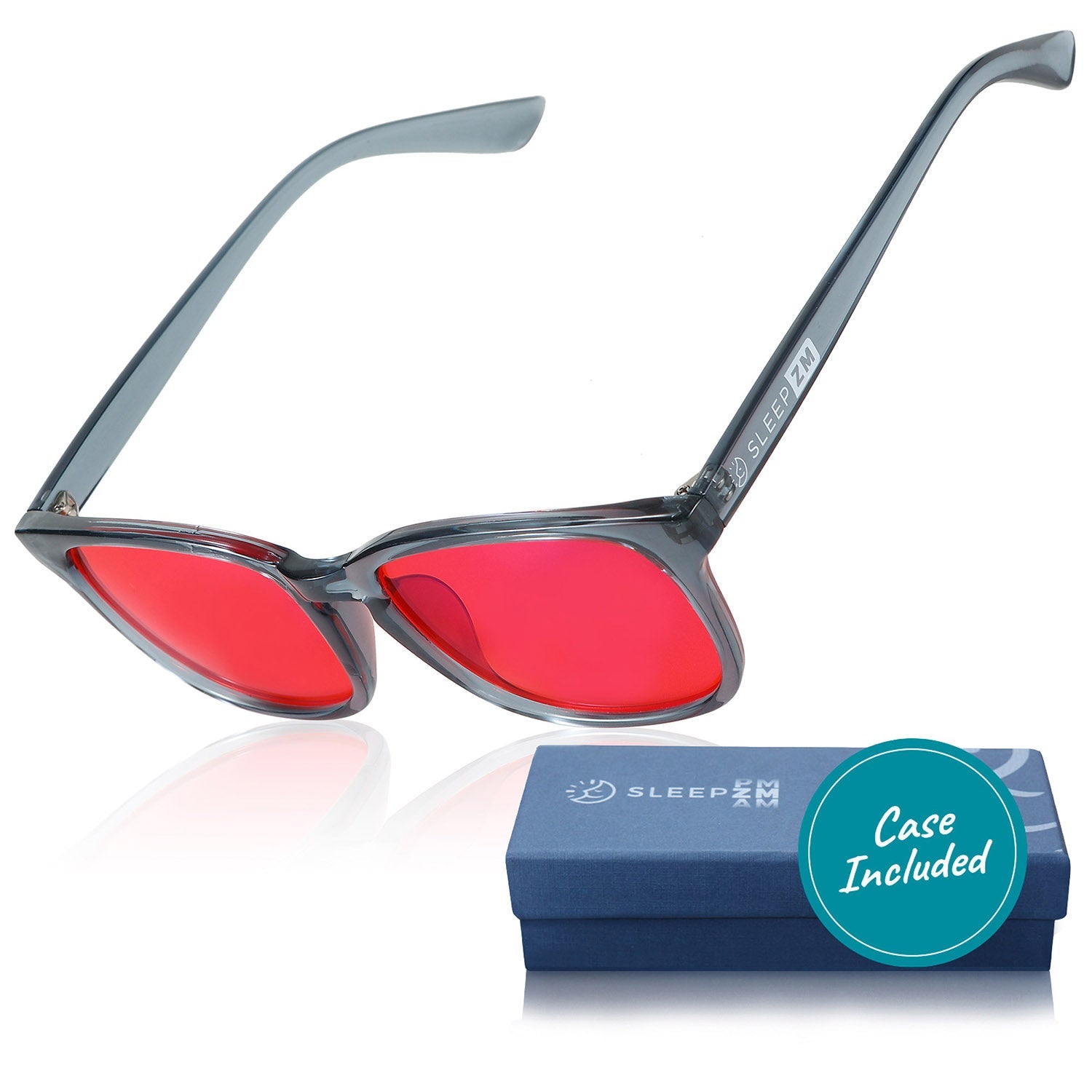 Blue Light Glasses by Sleep ZM with translucent blue frame and red tinted lenses, designed for nighttime eye protection.