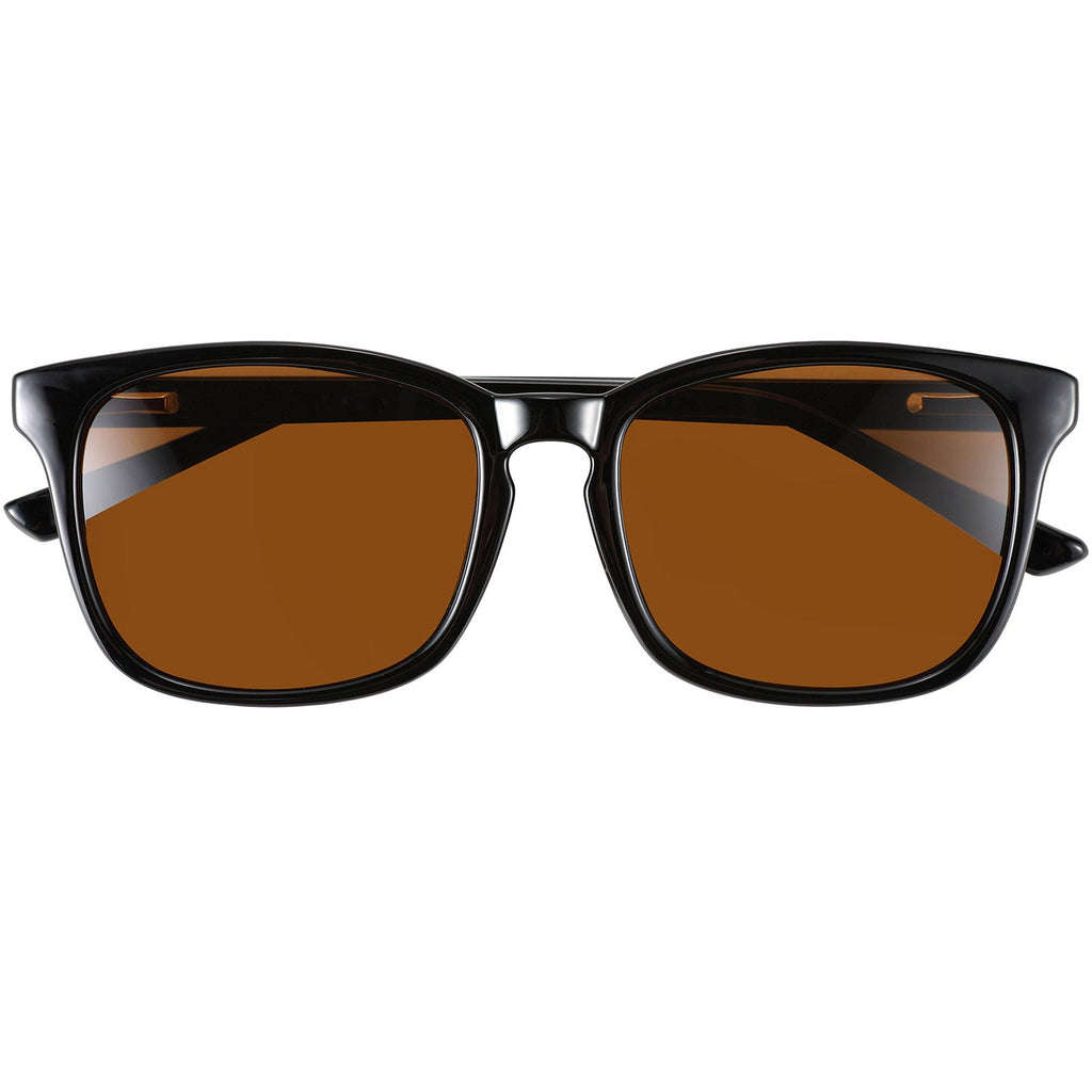 Brown wayfarer blue light blocking glasses by Sleep ZM with black frames and blue light protection, shown from a front view.