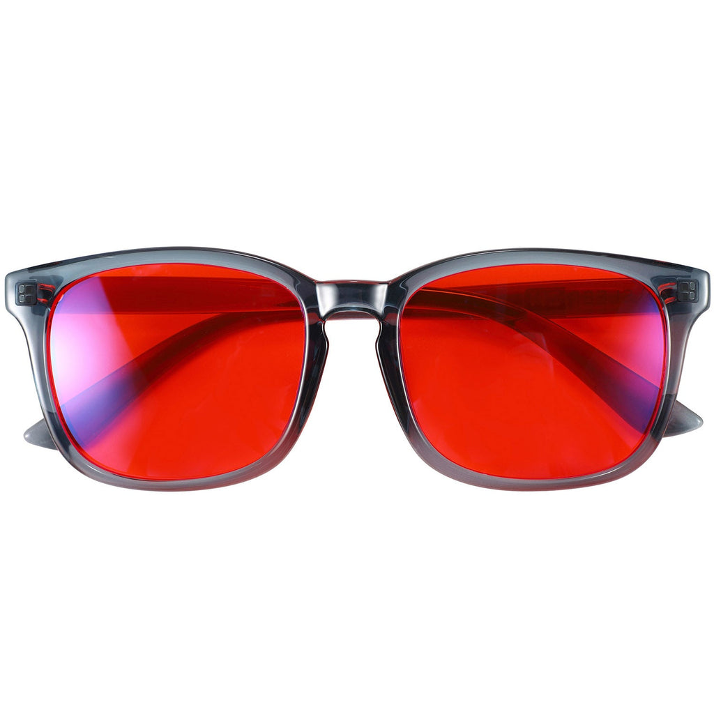 Blue Light Glasses by Sleep ZM with translucent blue frame and red lenses, designed for night-time use and eye protection.