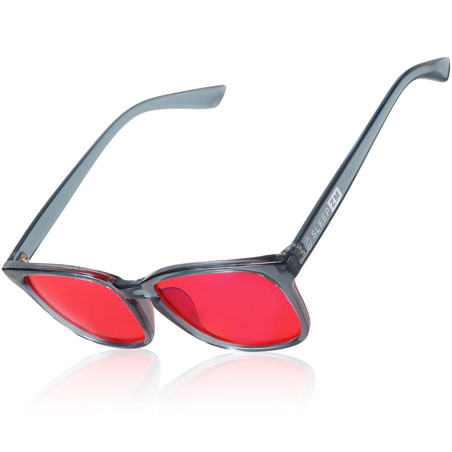 Blue Light Glasses by Sleep ZM with translucent blue frame and red-tinted lenses, designed for night-time screen use.