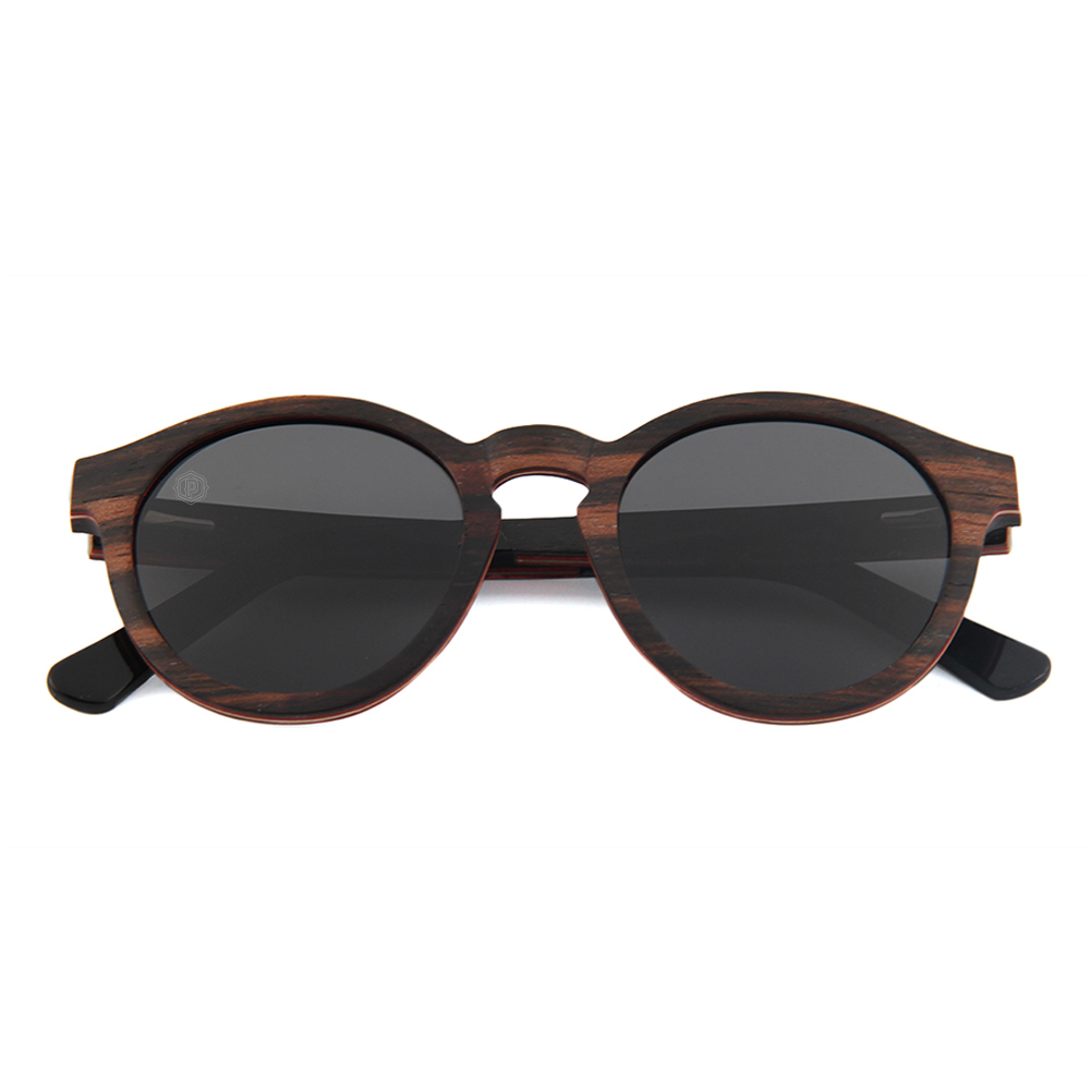 Dark Roast Sonoras handmade recycled wooden sunglasses by Papago, featuring dark tinted lenses and natural wood finish.