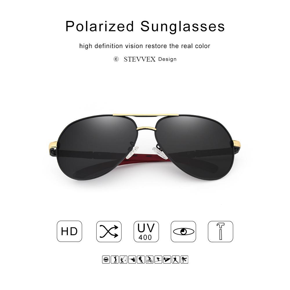 Stevvex luxury men's aluminum retro aviation polarized sunglasses with sleek frame and dark tinted lenses.