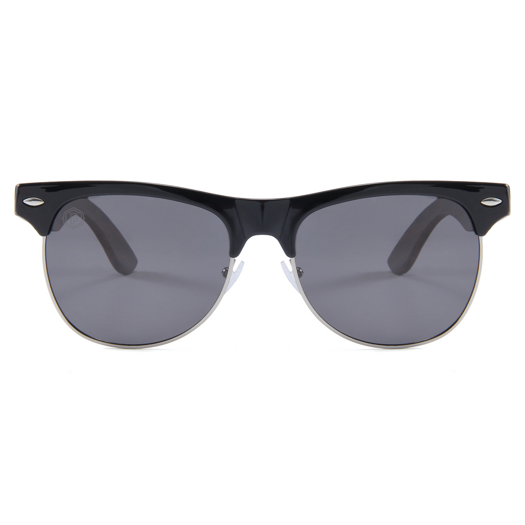 Papago Ebony Wood Newberries sunglasses with sleek ebony wood frames and dark tinted lenses, front view showing stylish design.