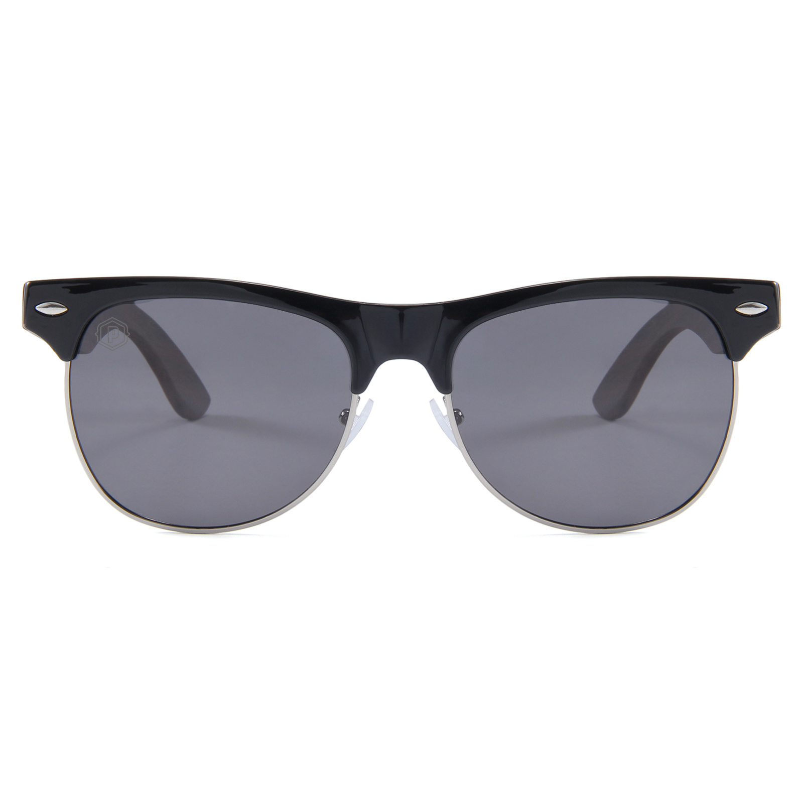 Papago Ebony Wood Newberries sunglasses with sleek ebony wood frames and dark tinted lenses, front view showing stylish design.