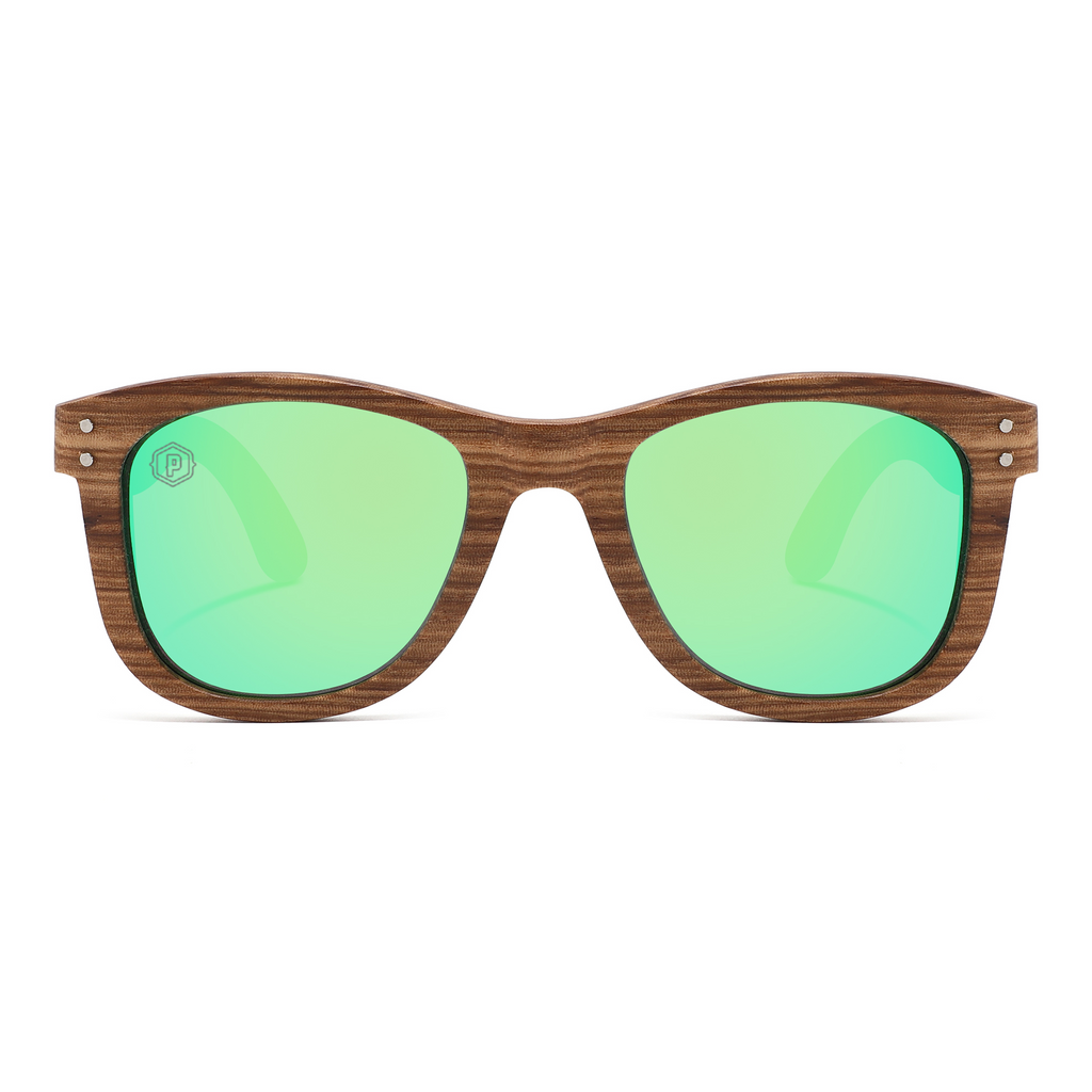 Papago Emerald Dunes sunglasses with handmade recycled wooden frames, showcasing a stylish and eco-friendly design.