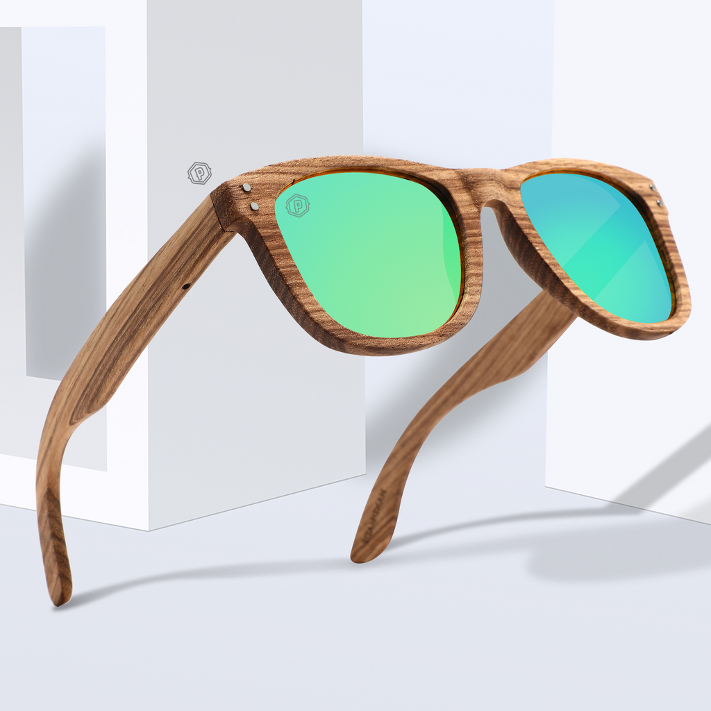 Papago Emerald Dunes handmade recycled wooden sunglasses with green-tinted lenses and natural wood finish.