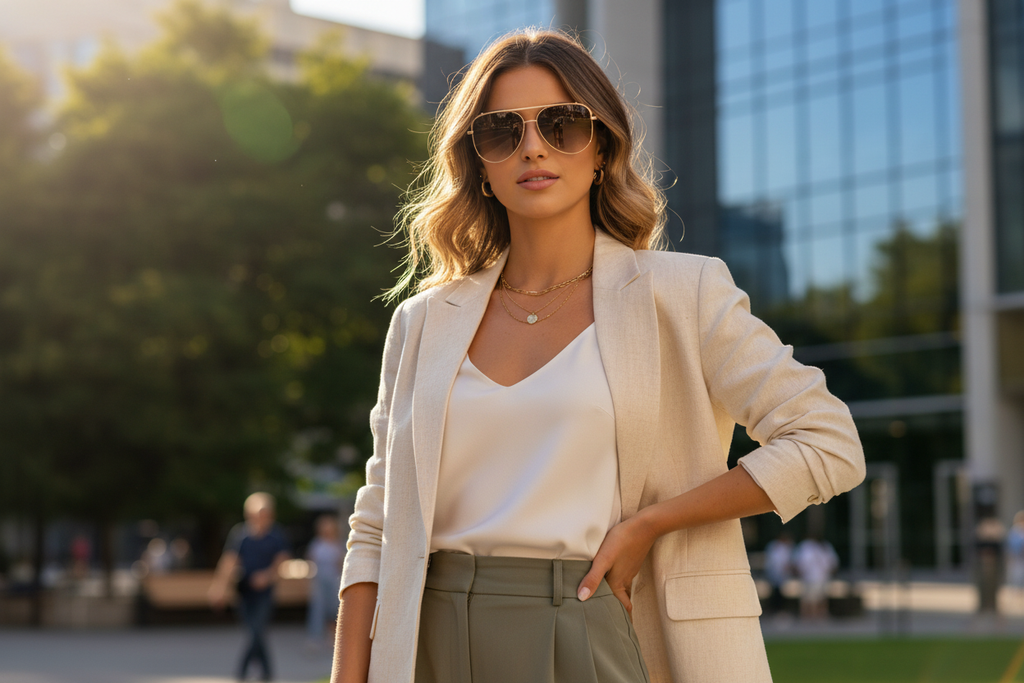 Female model wearing gold brown aviator sunglasses outdoors