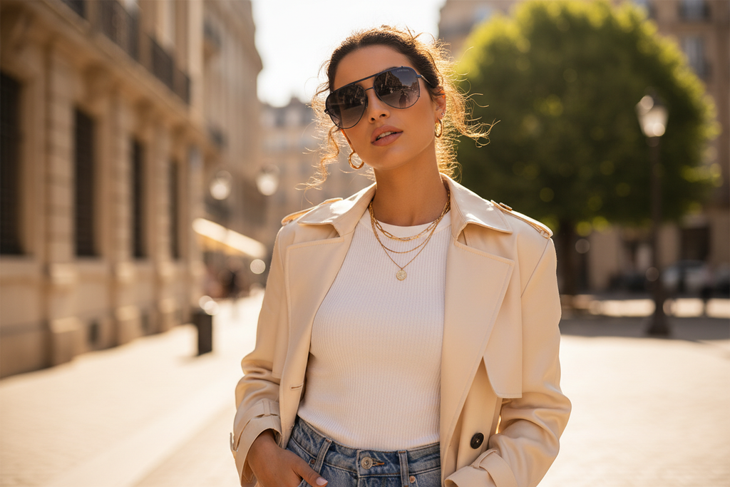 Female model wearing navy aviator sunglasses outdoors
