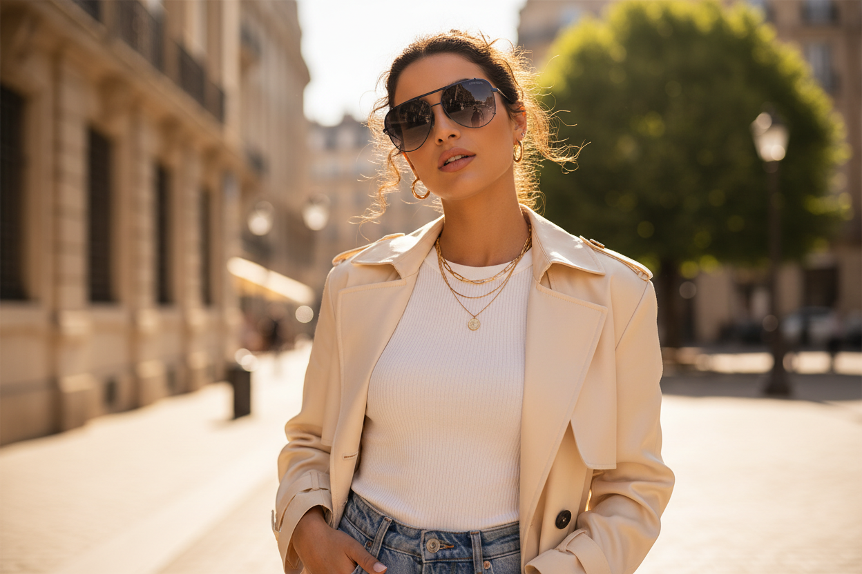 Female model wearing navy aviator sunglasses outdoors