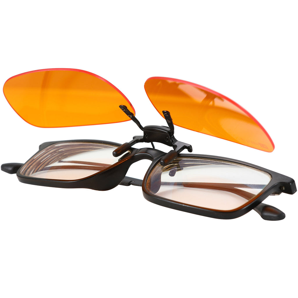 Blue Light Glasses by Sleep ZM with orange flip-up clip-on design, featuring blue light blocking lenses for nighttime use.
