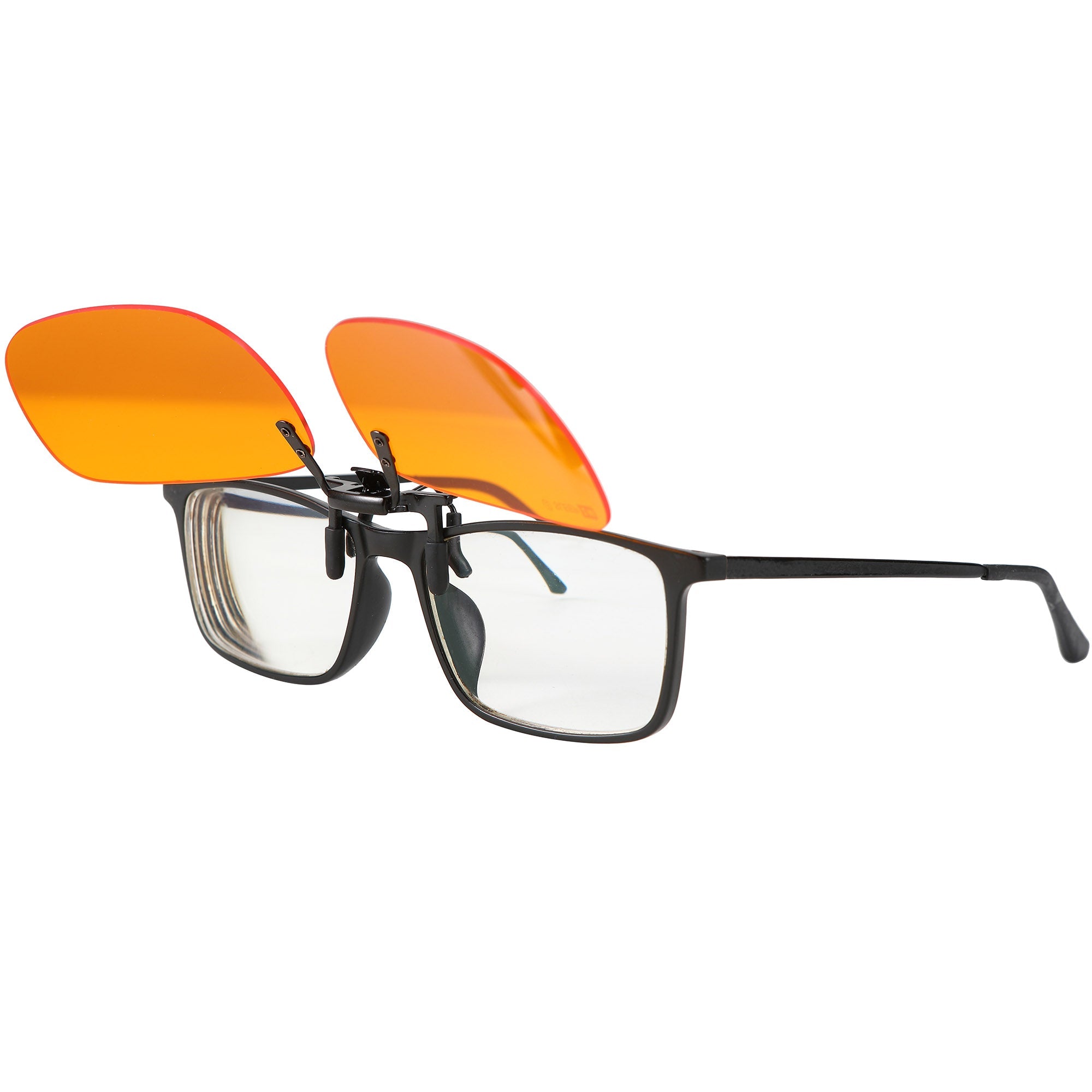 Blue Light Glasses by Sleep ZM with orange flip-up clip-on lenses, designed for night-time blue light blocking.