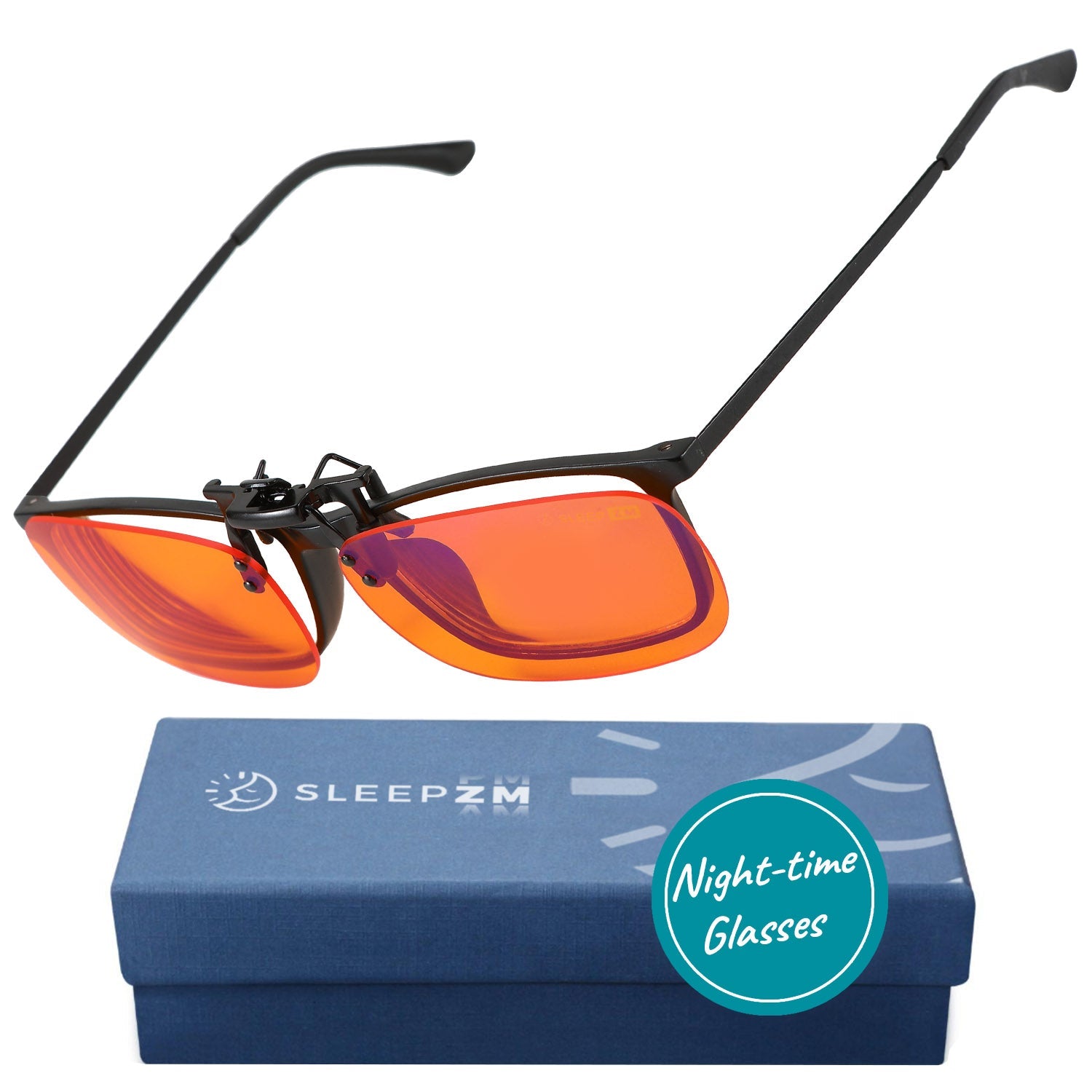 Blue Light Glasses by Sleep ZM with orange flip-up clip-on lenses designed for night-time use and blue light blocking.