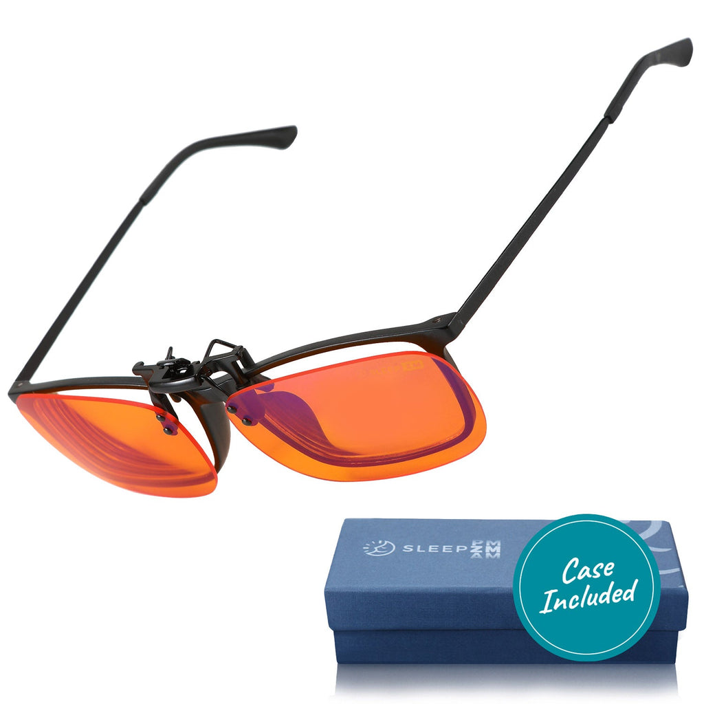 Blue Light Glasses by Sleep ZM with flip-up clip-on design in orange, designed to block blue light during night use.
