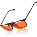 Blue Light Glasses by Sleep ZM with flip-up clip-on design and orange-tinted lenses for blocking blue light during night-time use.