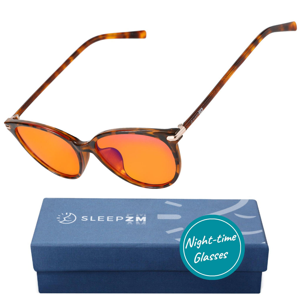 Blue light glasses by Sleep ZM featuring tortoise shell design for night-time use, blocking blue light effectively.
