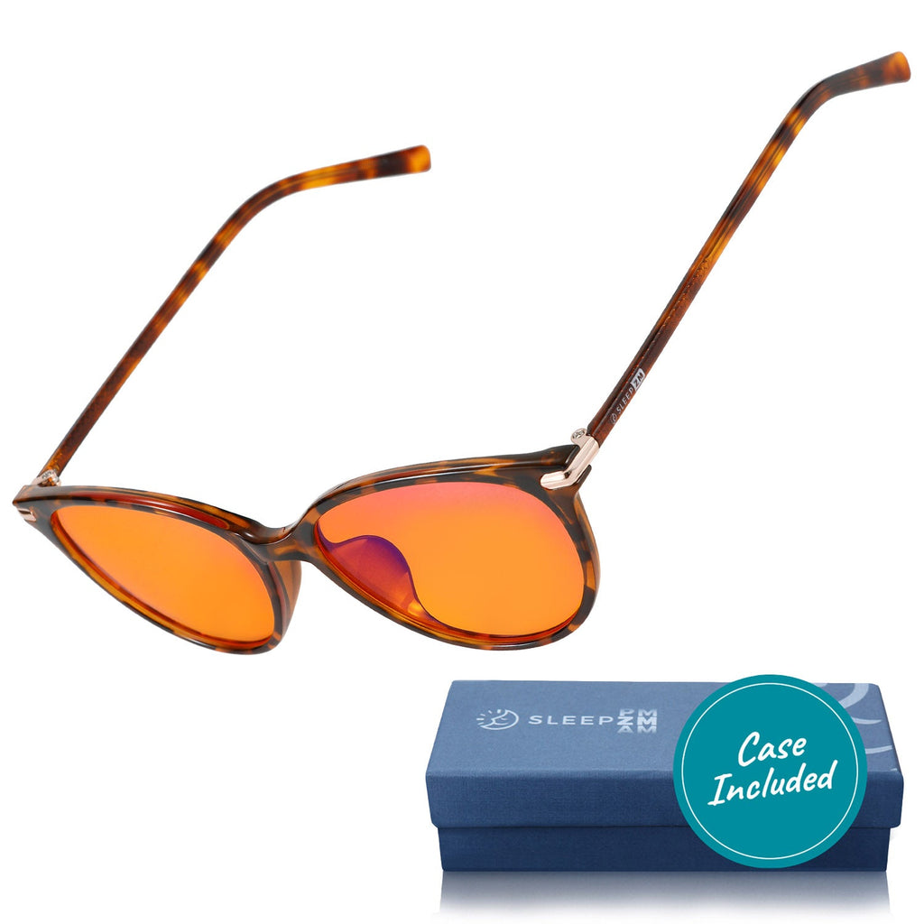 Blue Light Glasses by Sleep ZM, tortoise shell night-time glasses blocking blue light, with orange-tinted lenses for eye protection.