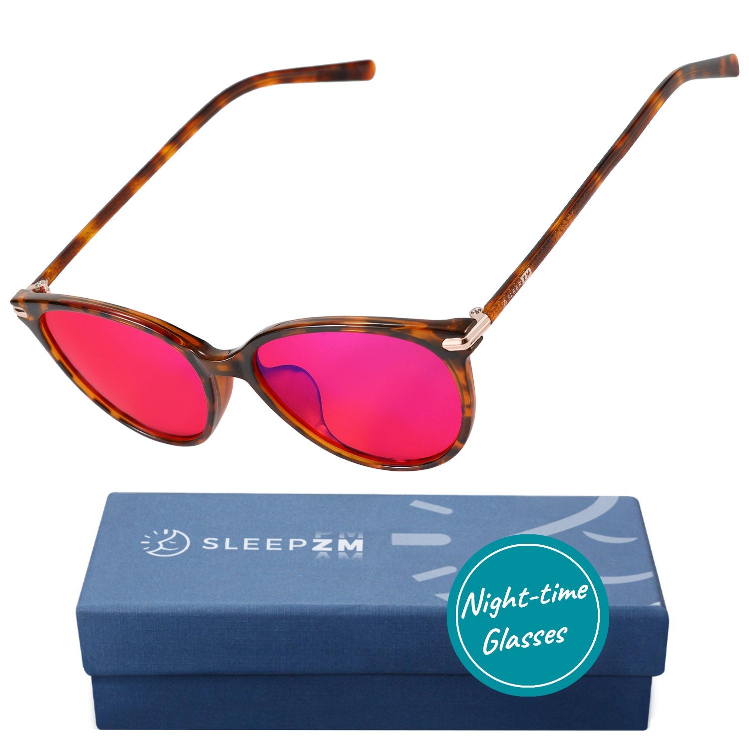 Blue Light Glasses by Sleep ZM, Night-timeMax Jen Tortoise Light Blocking Glasses, showing brown tortoise frame and lenses.