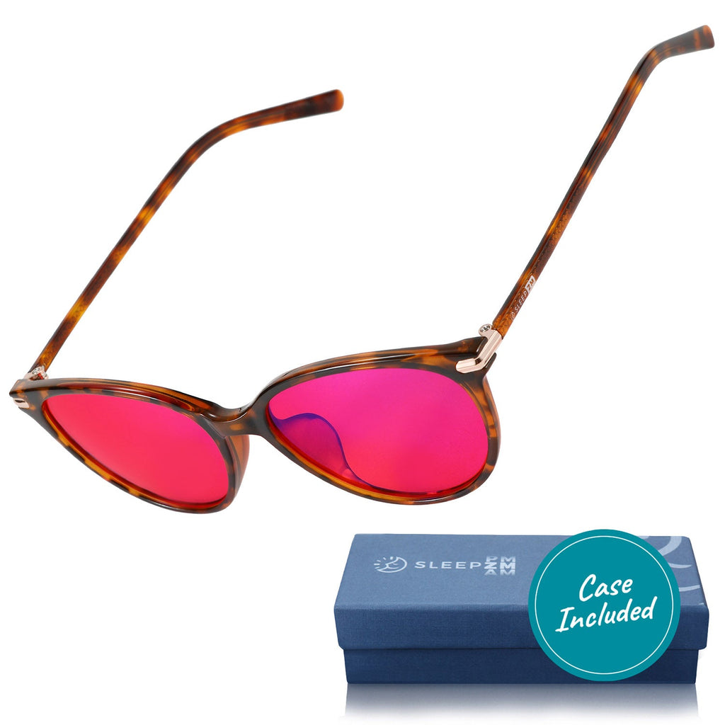 Blue Light Glasses by Sleep ZM, night-timeMax Jen tortoise style blue light blocking glasses on a white background.