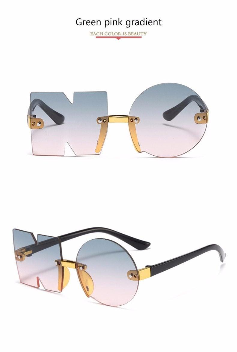 Stylish rimless Stevvex sunglasses with irregular polygon design for men, women, and kids, featuring oversized frameless lenses.