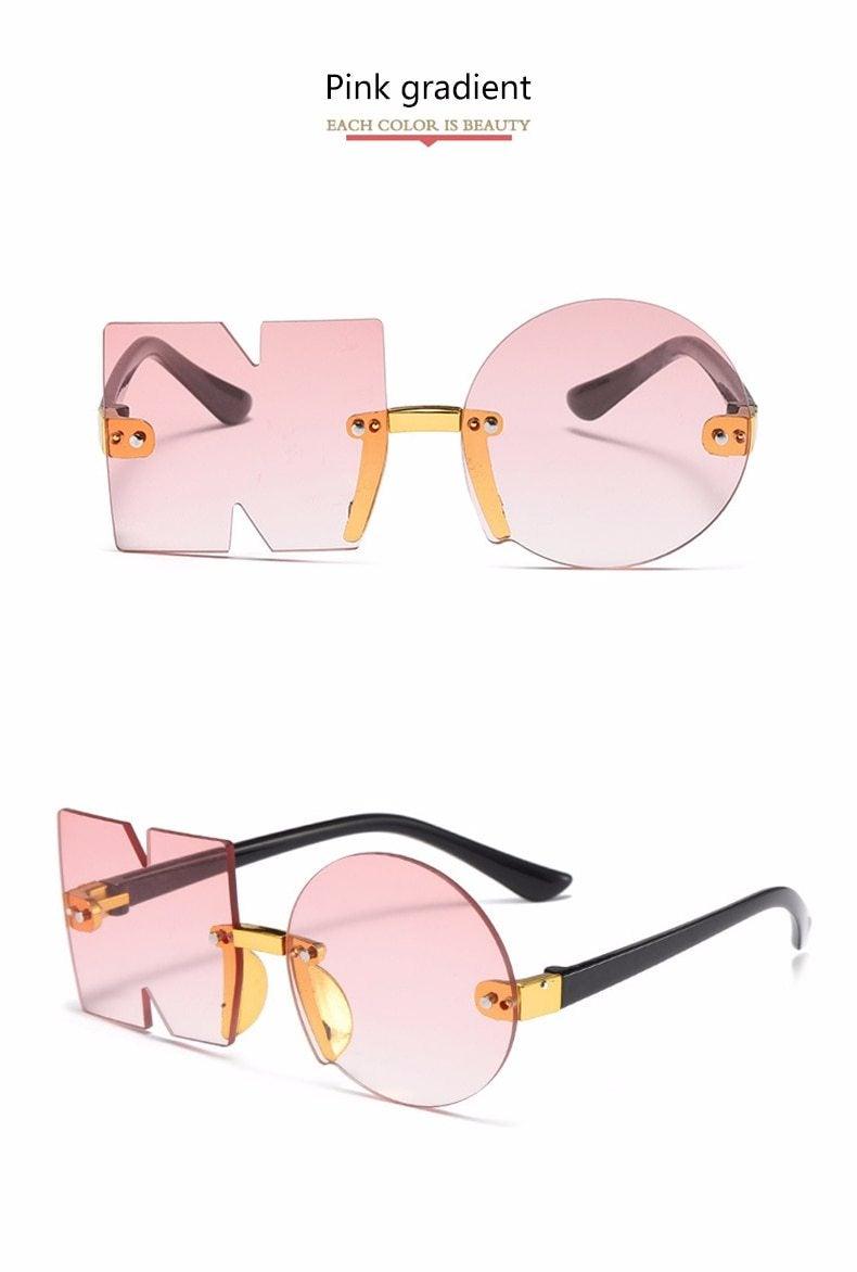 Stevvex rimless, irregular design sunglasses for men, women, and kids with oversized, polygon-shaped frameless lenses.