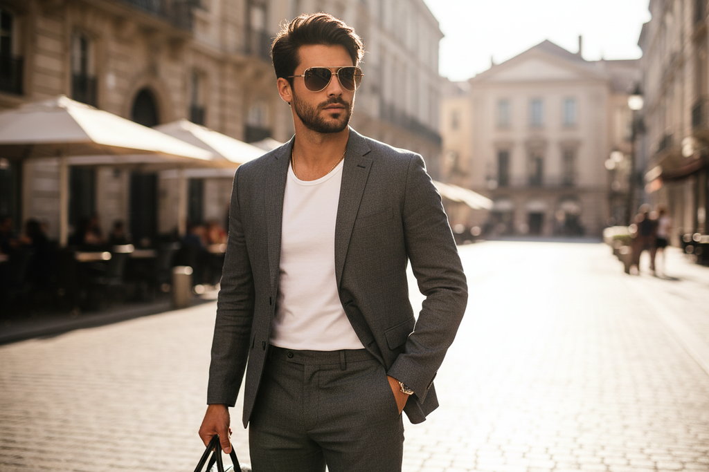 Male model wearing gold brown aviator sunglasses outdoors