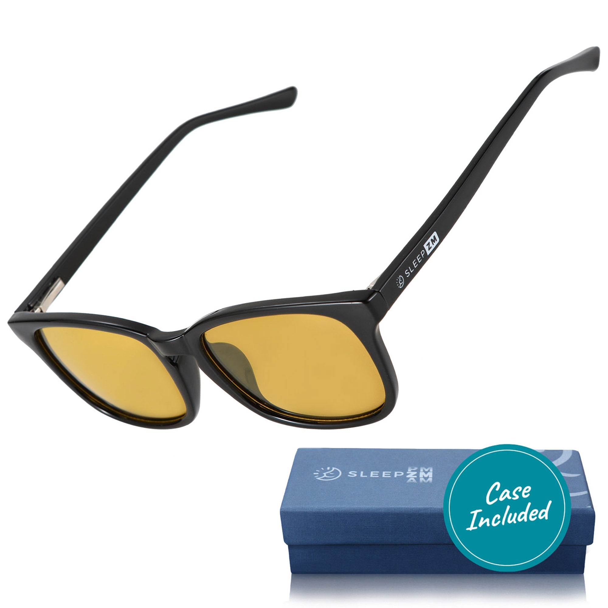 Blue Light Glasses by Sleep ZM, black wayfarer style with blue light blocking lenses, designed for night-time driving.
