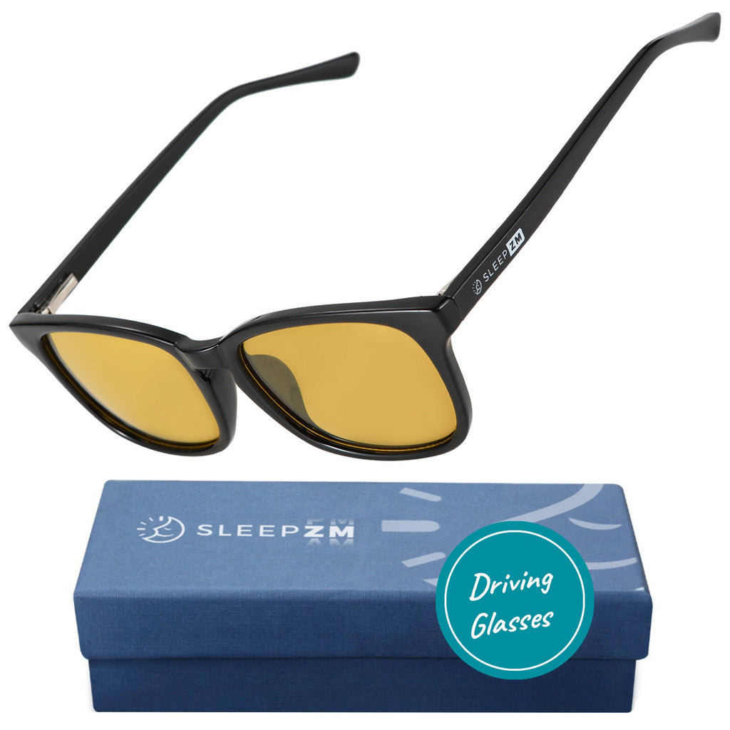 Blue Light Glasses by Sleep ZM in black, night-time driving wayfarer style with blue light blocking lenses on a white background.