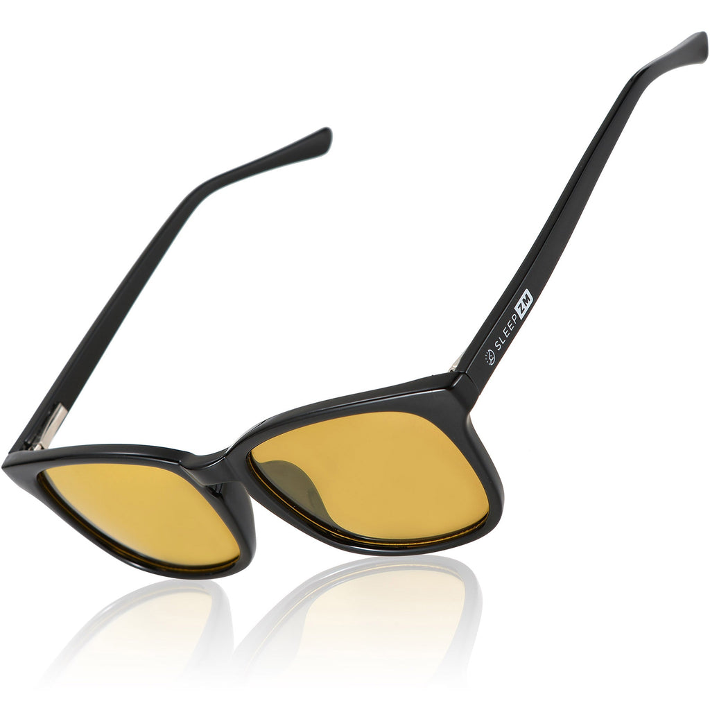 Blue Light Glasses by Sleep ZM, black wayfarer-style driving glasses with blue light blocking lenses for night-time visibility.