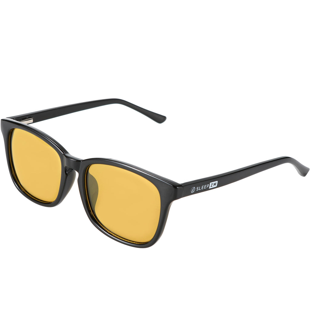 Blue Light Glasses by Sleep ZM in black wayfarer style, designed for night-time driving and blocking blue light from screens.