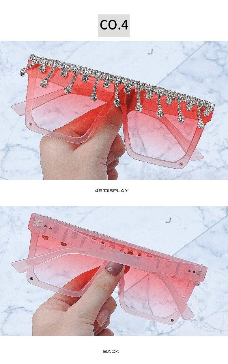 Stevvex Oversized Crystal Rhinestone Flat Top Sunglasses – UV400