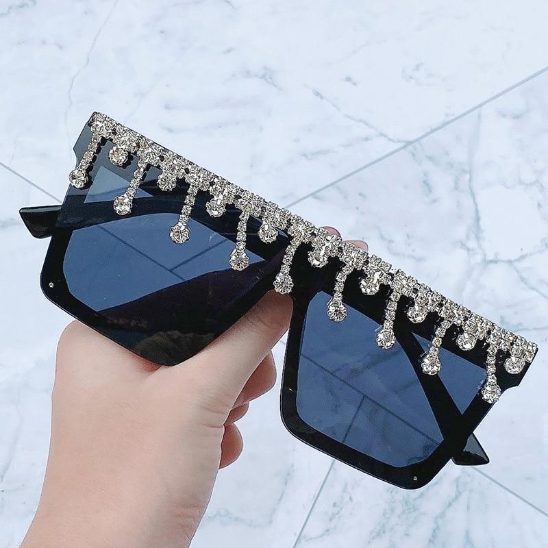 Stevvex Oversized Crystal Rhinestone Flat Top Sunglasses – UV400