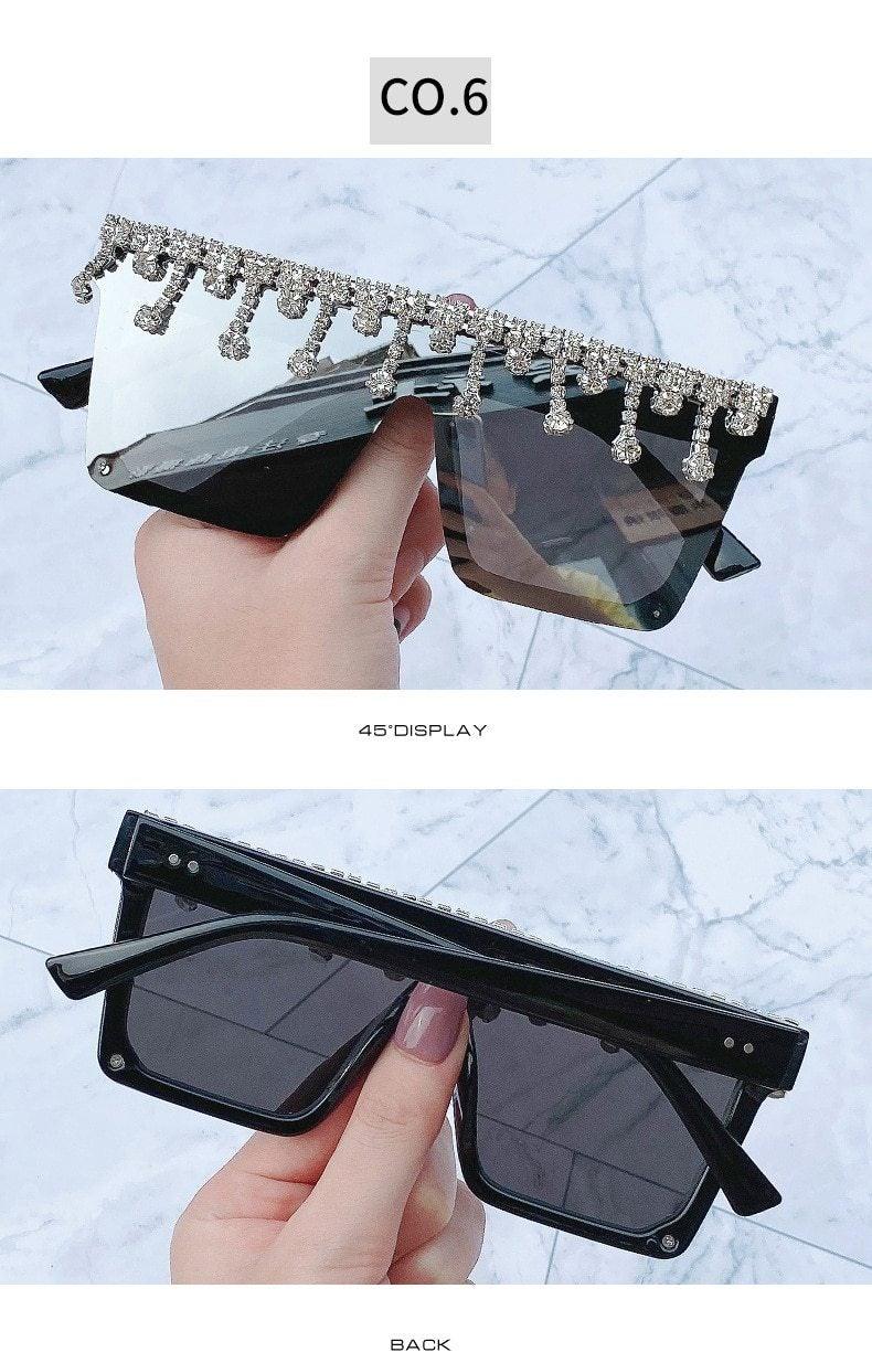 Stevvex Oversized Crystal Rhinestone Flat Top Sunglasses – UV400