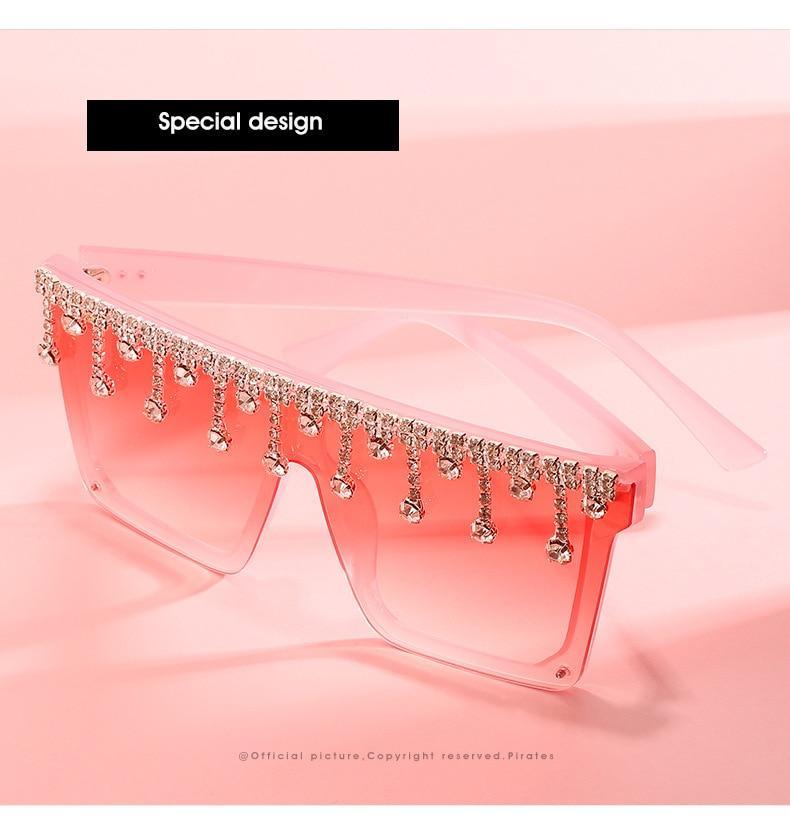 Stevvex Oversized Crystal Rhinestone Flat Top Sunglasses – UV400