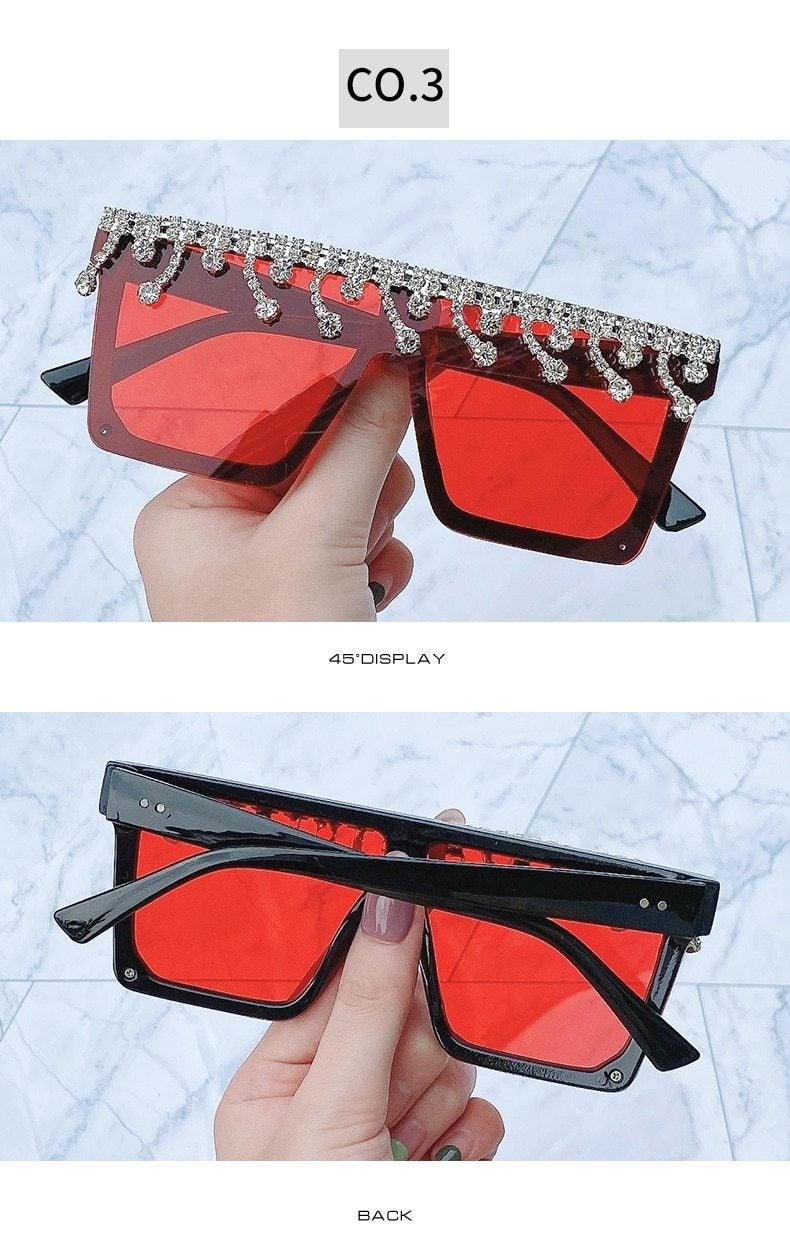 Stevvex Oversized Crystal Rhinestone Flat Top Sunglasses – UV400